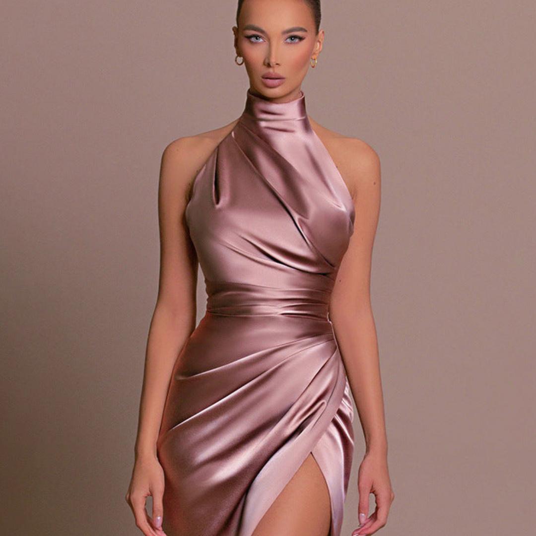Satin Halter Neck Gown | Ruched Wrap Skirt | High Slit Evening Dress