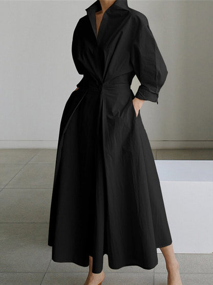 Structured Shirt Dress | Waist Pleat Detail & Midi Hem | Crisp Cotton Blend