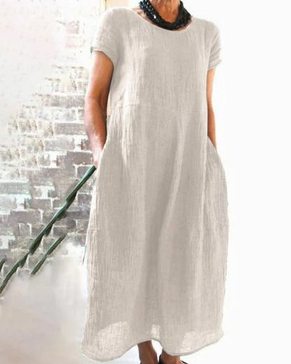 Short Sleeve Linen Midi Dress | Relaxed Fit Summer Essential with Pockets