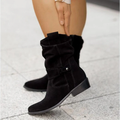 Mid-Calf Slouch Boots | Microsuede | Low Block Heel Zip-Up