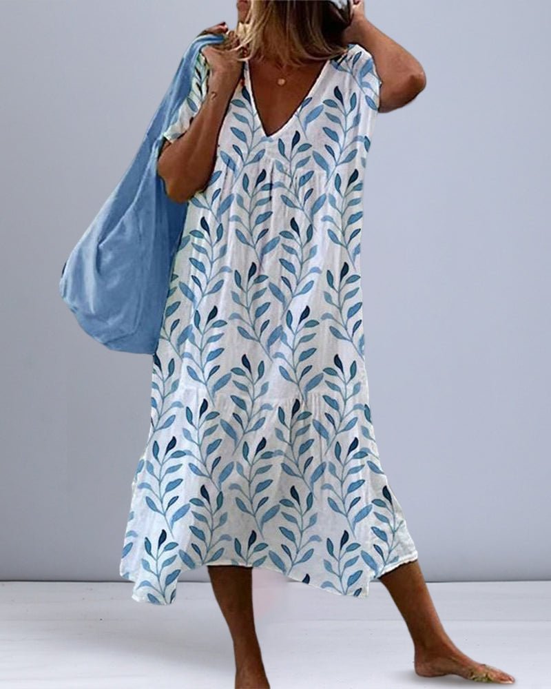 V-Neck Leaf Print Midi Dress | Flowy Fit | Lightweight Cotton Blend
