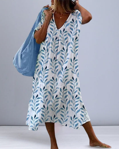 V-Neck Leaf Print Midi Dress | Flowy Fit | Lightweight Cotton Blend