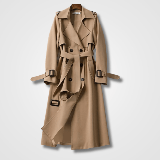 Women's Long Trench Coat | Double-Breasted Design | Belted Fit