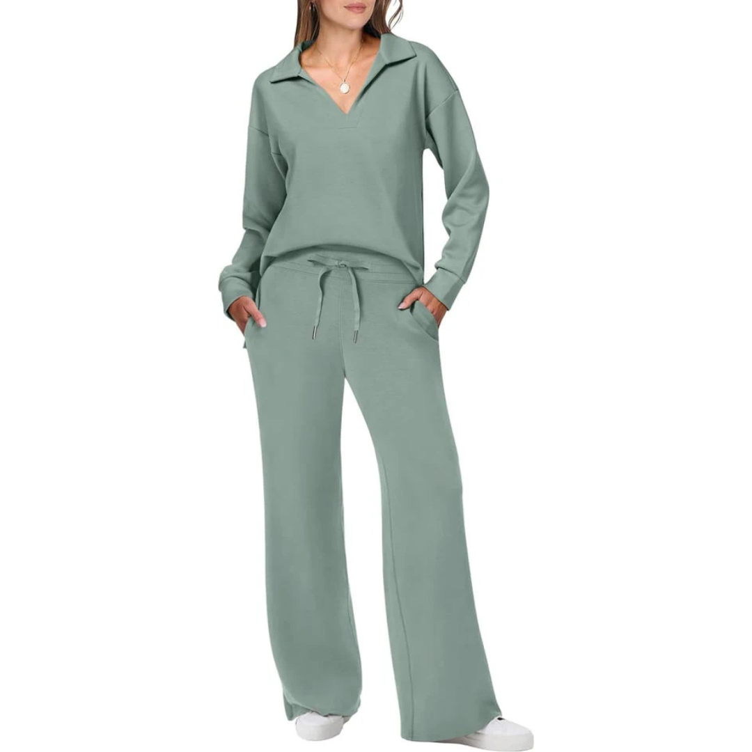 Relaxed Loungewear Set | Collared Pullover & Drawstring Pants | Soft Stretch Knit