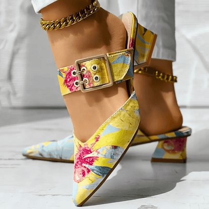 Pointed Buckle Strap Shoes | Bold Block Heel with Vibrant Floral Print