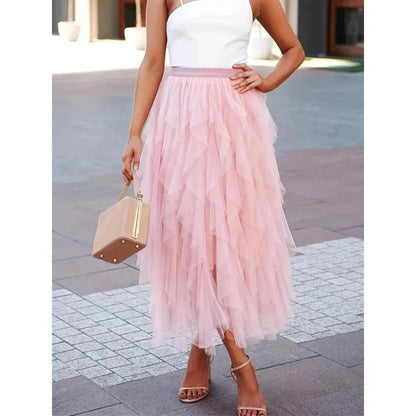 Ruffled Tulle Midi Skirt | Layered Mesh Volume | Asymmetrical Hem