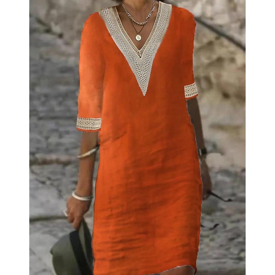 Linen Shift Dress | Embroidered V-Neck & Sleeves | Relaxed Knee-Length Fit