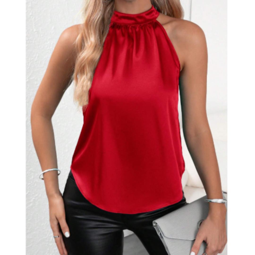 High Neck Satin Halter Top | Sleeveless | Silky Drape