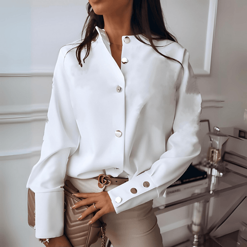 Asymmetric Button Blouse | Minimal Collar | Polished Silky Drape