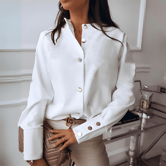 Asymmetric Button Blouse | Minimal Collar | Polished Silky Drape
