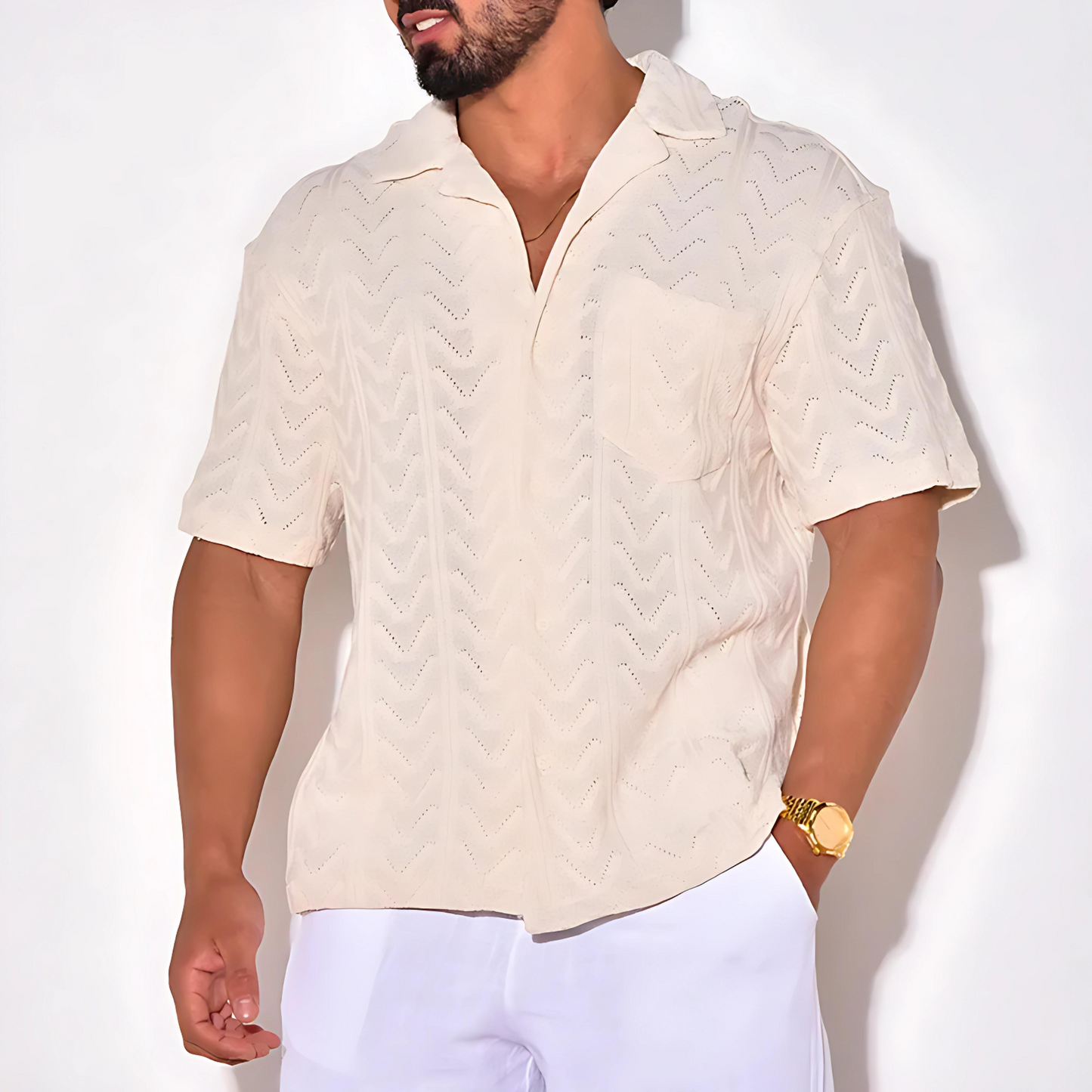Men’s Embroidered Cotton Short-Sleeve Shirt | Lightweight Summer Button-Up | Casual Resort Style