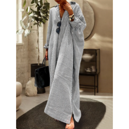 Striped Cotton Maxi Kaftan | Relaxed Fit with V-Neck | Long Sleeve Resort Dress