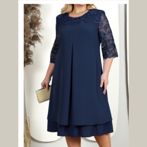 Plus Size Navy Chiffon Dress | Lace Sleeves & Layered Hem | Elegant Evening Fit