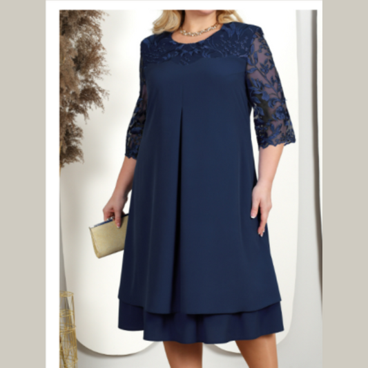 Plus Size Navy Chiffon Dress | Lace Sleeves & Layered Hem | Elegant Evening Fit