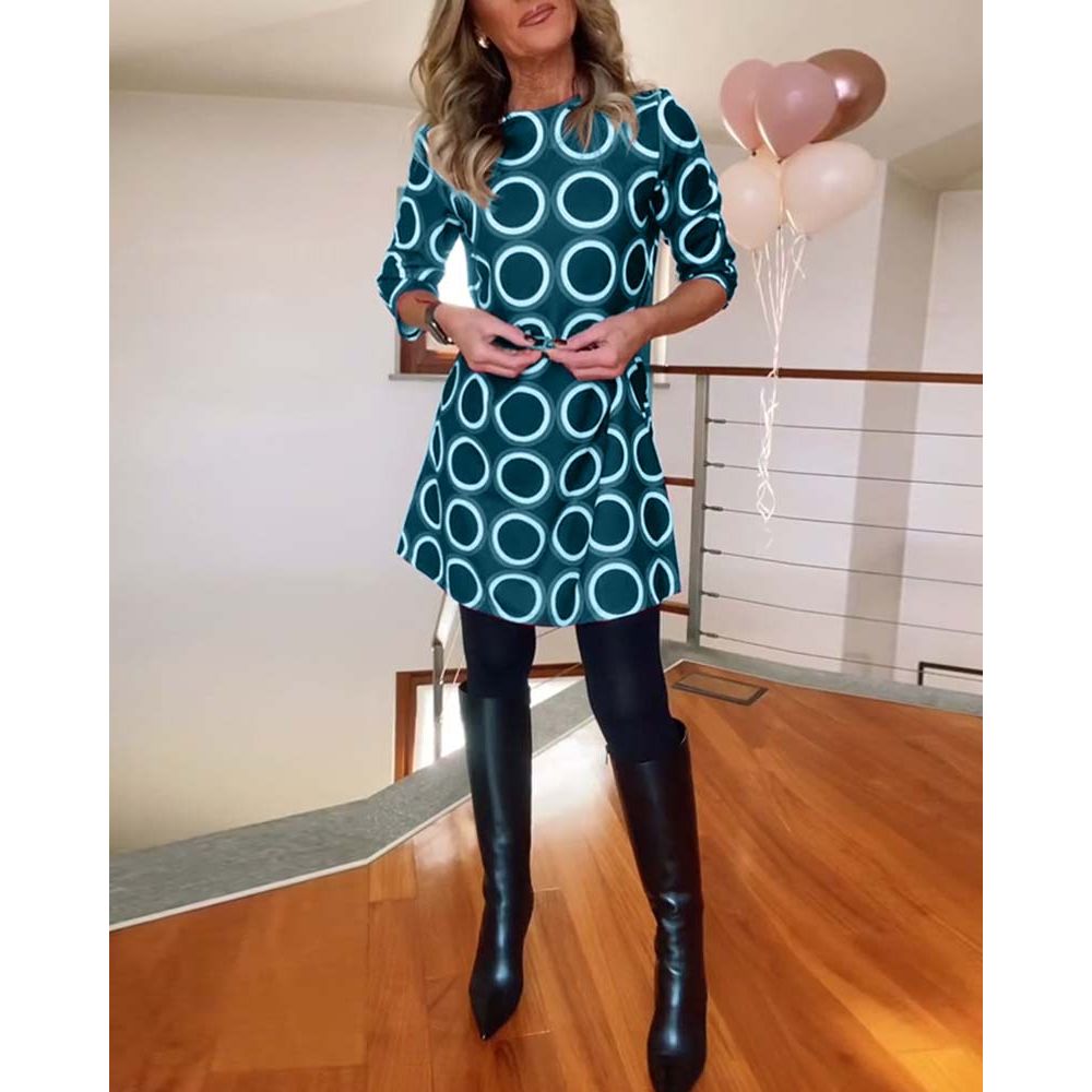 Retro Circle Print Tunic Dress | 3/4 Sleeve | Side Pockets