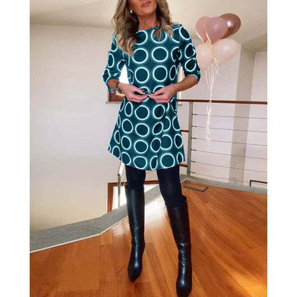 Retro Circle Print Tunic Dress | 3/4 Sleeve | Side Pockets