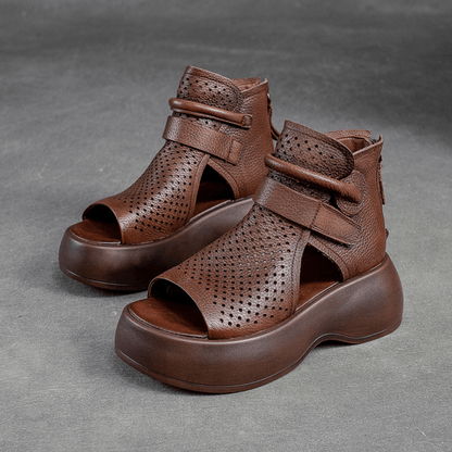 Perforated Leather Platform Sandals | Supportive Sole with Zip Closure
