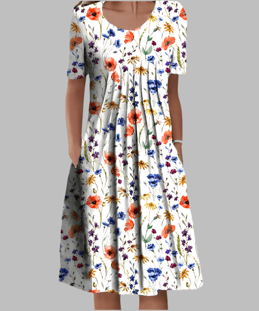 Floral Pleated Midi Dress | Short Sleeve | Scoop Neck with Pockets