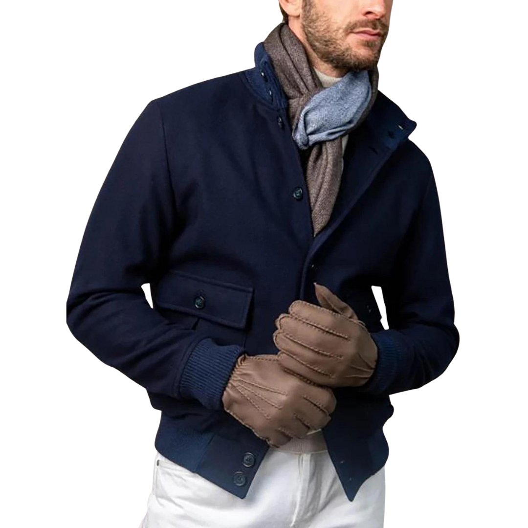 Men’s Wool-Blend Bomber Jacket | Stand Collar | Button-Up Fall Layer