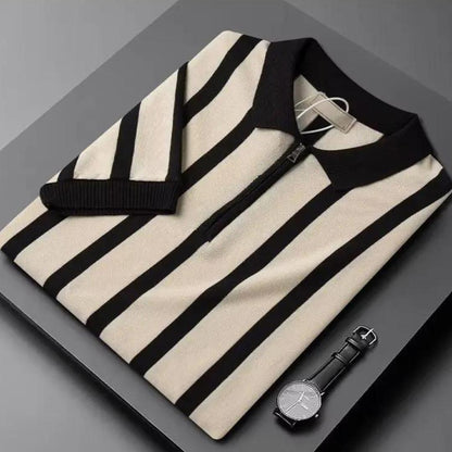 Men’s Striped Half-Zip Polo Shirt | Retro Knit Design | Summer Smart-Casual