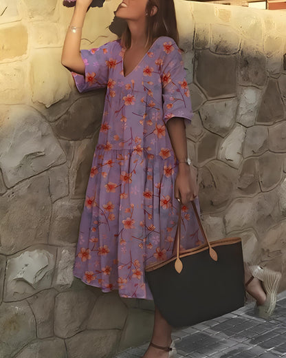 Floral Tiered Midi Dress | V-Neckline | Relaxed Cotton Blend
