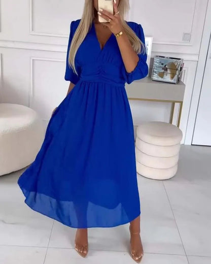 Chiffon Midi Dress | 3/4 Sleeve | V-Neck Ruched Waist Silhouette