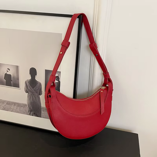 Crescent Shoulder Bag | Adjustable Strap & Zip Pocket | Faux Leather Grain Finish
