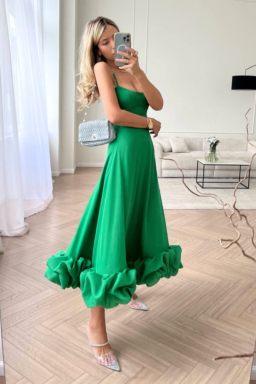 Ruffle-Hem Midi Dress | Spaghetti Straps & Fitted Bodice | Sky Blue Formal Look