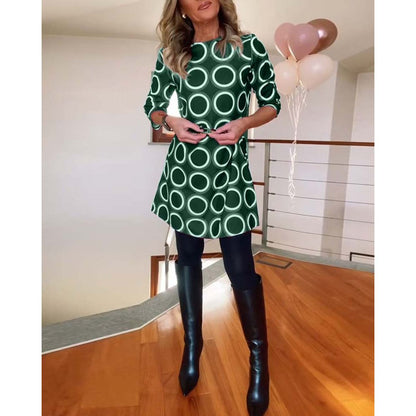 Retro Circle Print Tunic Dress | 3/4 Sleeve | Side Pockets
