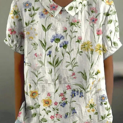 Floral Print Blouse with Peter Pan Collar | Lightweight Cotton Blend | Short Sleeve