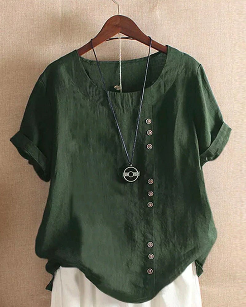 Asymmetric Button Linen Top | Relaxed Fit | Short Sleeve