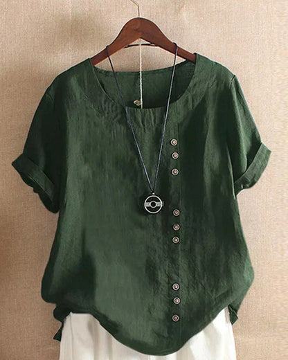 Asymmetric Button Linen Top | Relaxed Fit | Short Sleeve