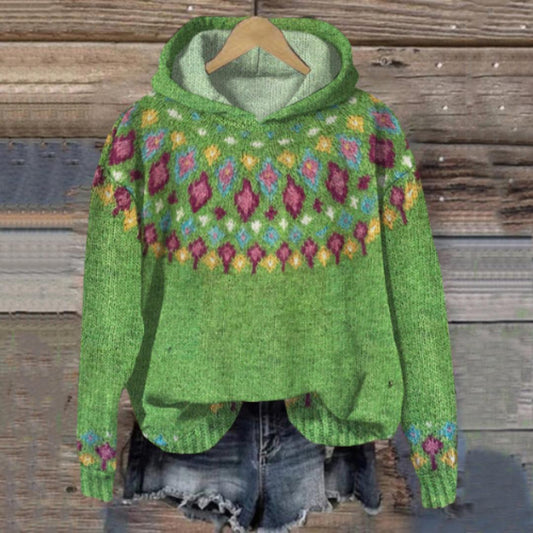 Women's Fair Isle Knit Hoodie | Colourful Patterned Pullover Sweater | Casual Fall Winter Layer