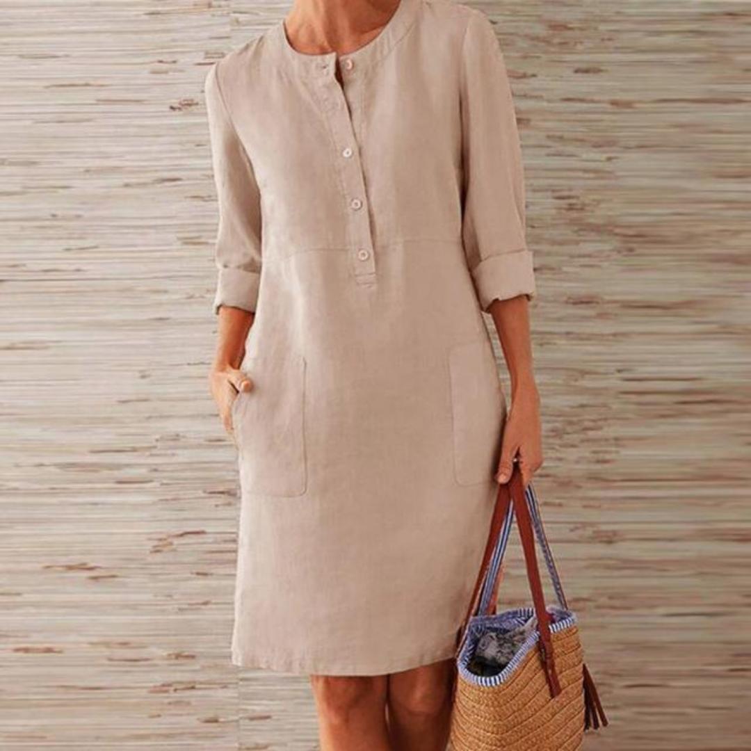 Women's Linen Blend Tunic Dress | Lightweight Casual Day Dress | Relaxed Fit with Pockets