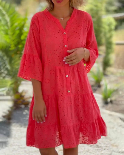 Eyelet Tiered Dress | Button-Front Detail | Loose Flowy Silhouette