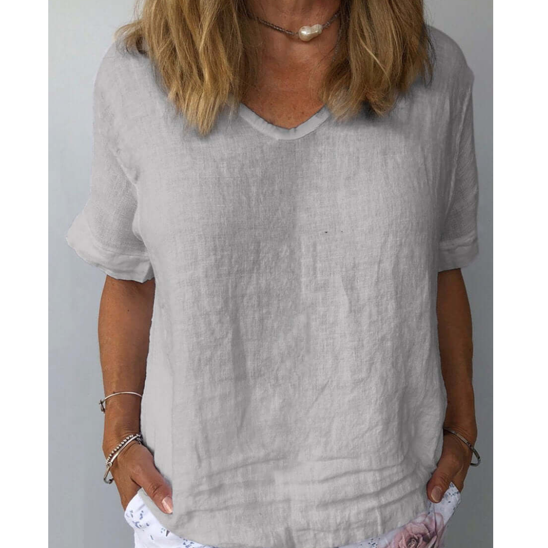 Linen V-Neck Top | Rolled Short Sleeves | Lightweight Relaxed Fit