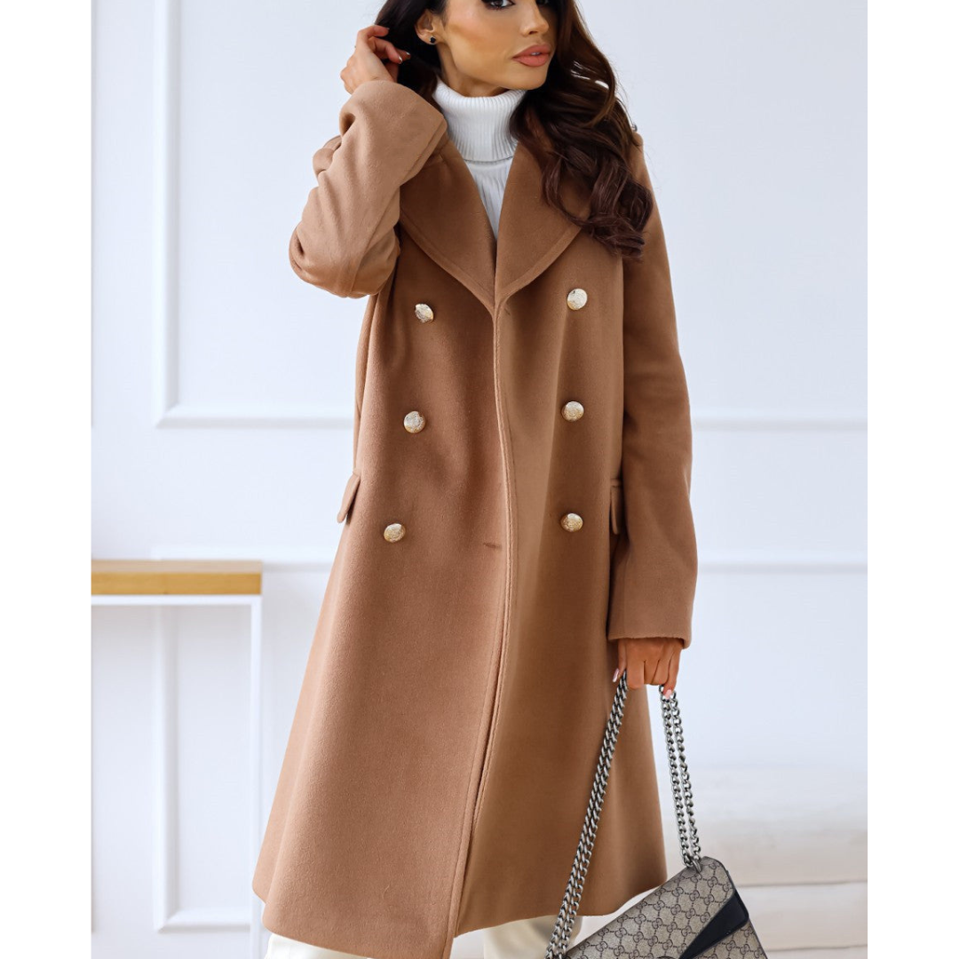 Double-Breasted Long Wool Coat | Tailored Fit with Gold Button Detail | Elegant Winter Outerwear
