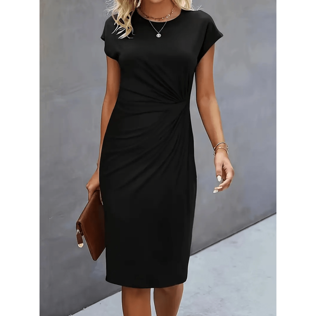 Cap Sleeve Bodycon Midi Dress | Draped Waist Detail | Stretch Fit