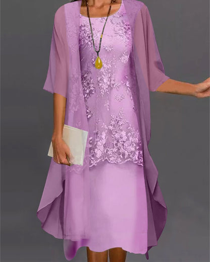 Embroidered Midi Dress with Sheer Cape | 2-Piece Set | Elegant Occasionwear
