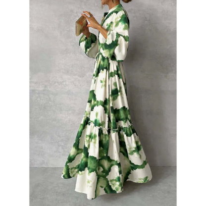 Tie-Dye Tiered Maxi Dress | Long Sleeve & Self-Tie Waist | Lightweight Boho Silhouette