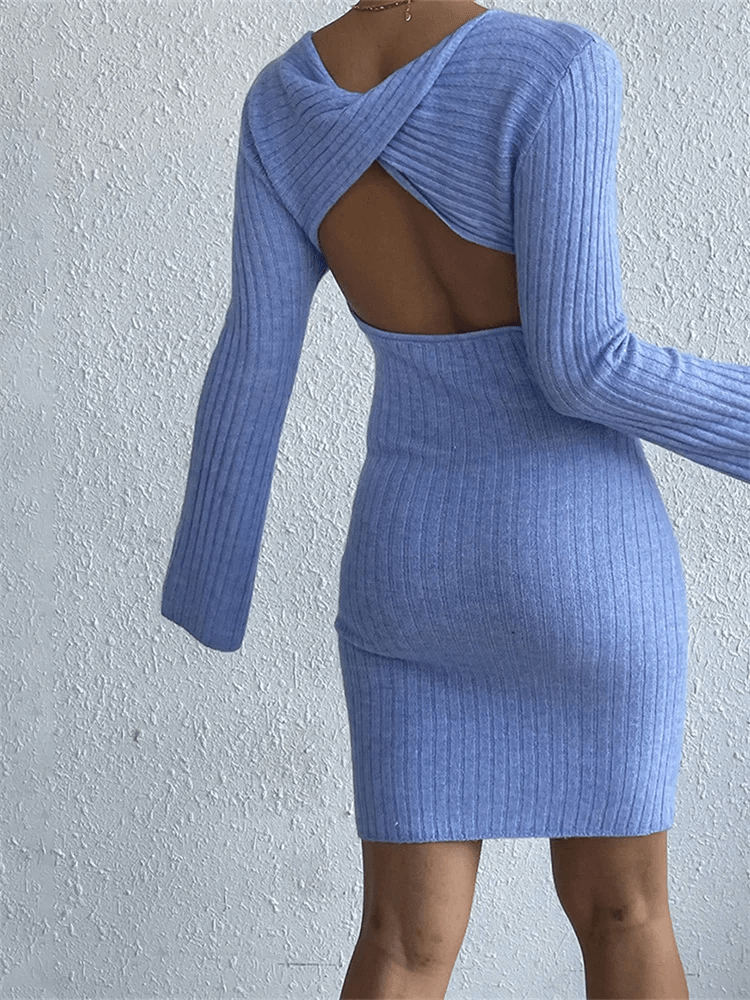 Ribbed Knit Mini Dress | Open Back Detail | Flared Sleeves | Elegant Stretch Fit