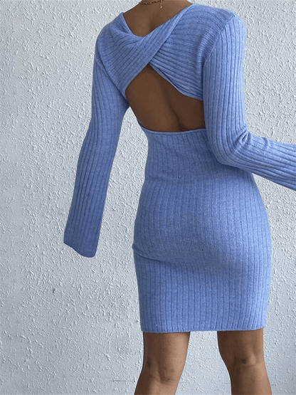 Ribbed Knit Mini Dress | Open Back Detail | Flared Sleeves | Elegant Stretch Fit