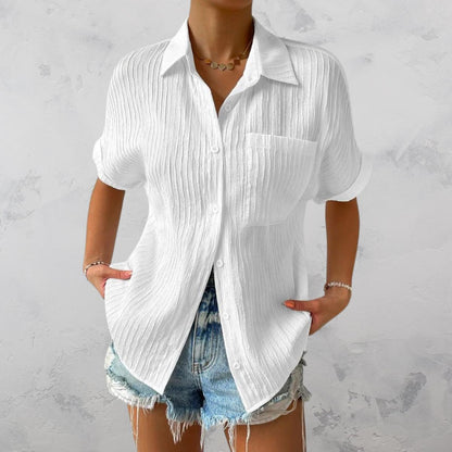 Women’s Crinkle Button-Up Shirt | Short Sleeve Summer Top | Lightweight Relaxed Fit