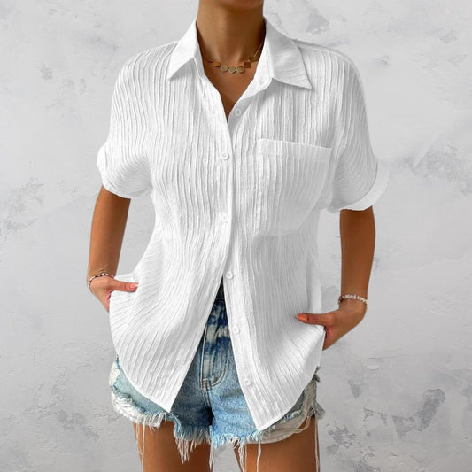 Women’s Crinkle Button-Up Shirt | Short Sleeve Summer Top | Lightweight Relaxed Fit