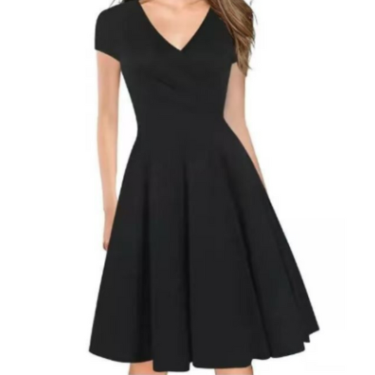 Fit and Flare Midi Dress | V-Neck Short Sleeve Swing Dress | Classic Daywear Style
