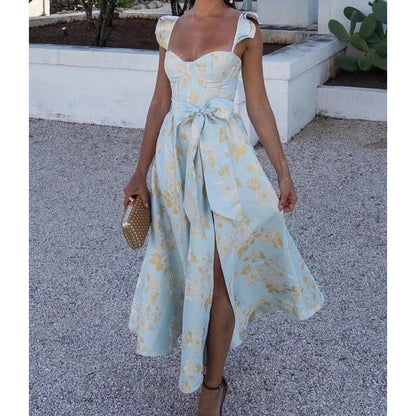 Sweetheart Midi Dress with Bow Waist | Ruffled Strap Summer Dress | Floral Occasionwear Canada