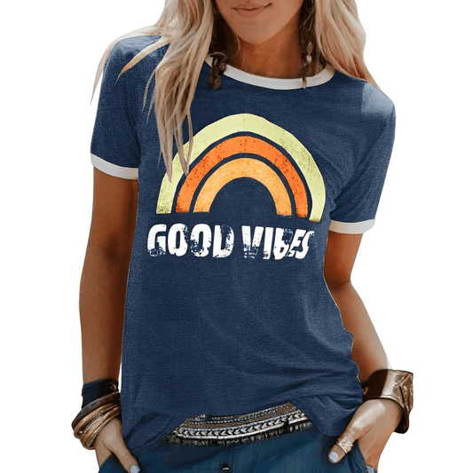 "Good Vibes" Graphic Tee | Retro Rainbow Print | Contrast Trim Detail