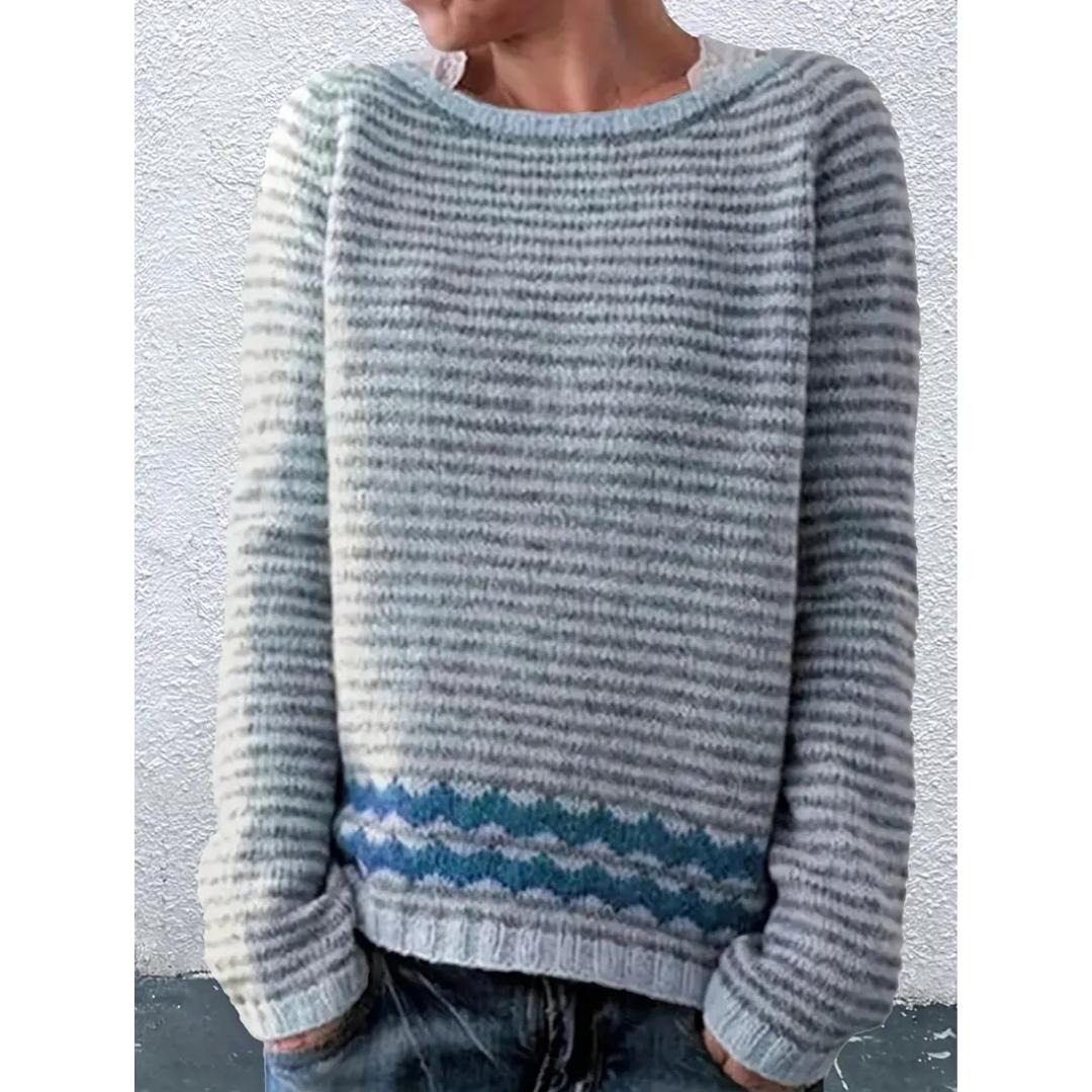 Women's Striped Knit Sweater | Crew Neck Pullover | Casual Fall Winter Layer