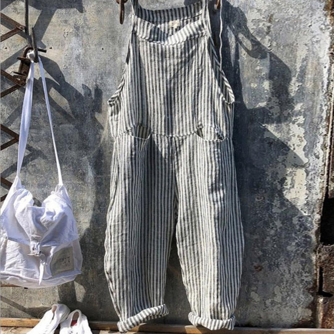 Relaxed Linen Overalls | Striped Cropped Fit | Casual Summer Layer