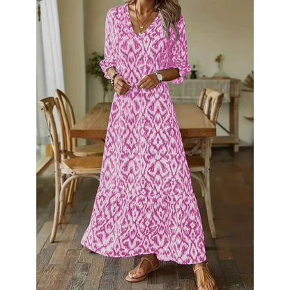 Boho Maxi Dress | Ikat Print | Lightweight V-Neck with Sleeves